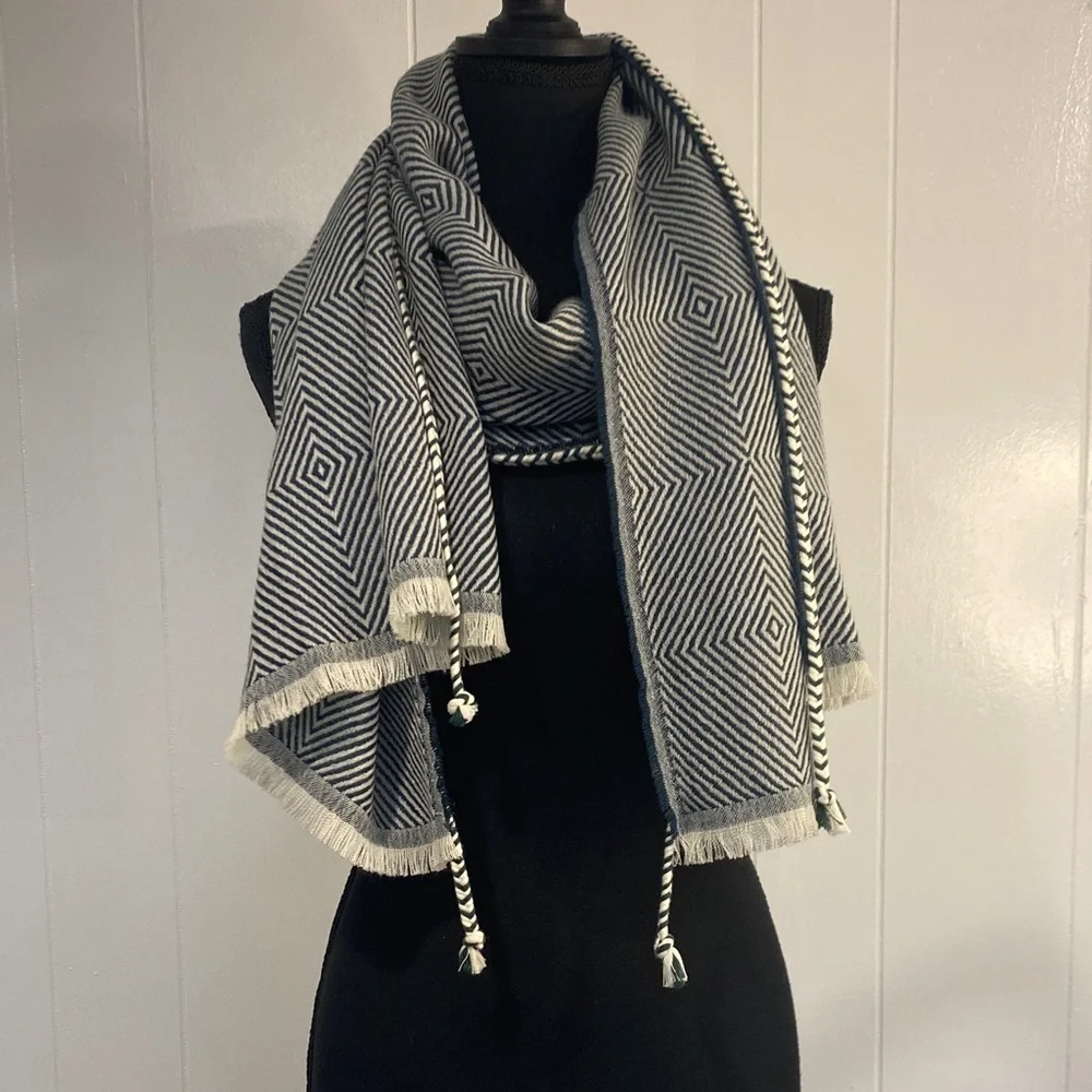 Oversized Woven Scarf | Green & Cream Geometric | Fringe Tassels | 72” Long